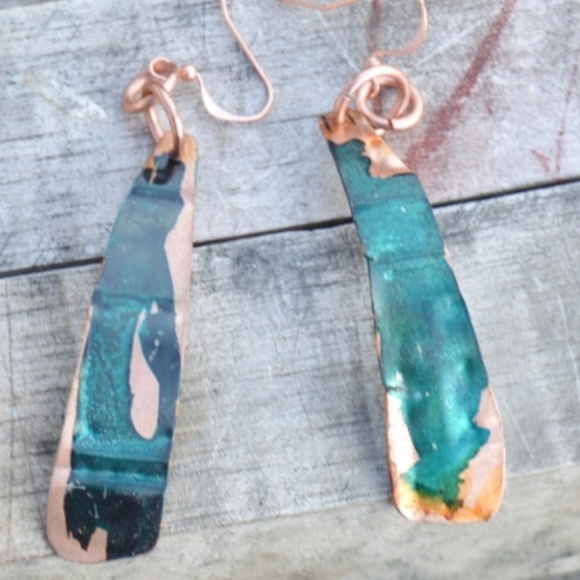 Conceptual Subculture Jewelry - Brutalist Modernist Rustic Deep Green Long Textured Solid Pure Copper Earrings